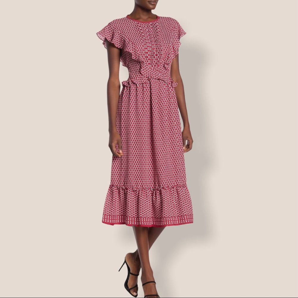 Max Studio Printed Ruffle Midi Dress, Red Navy Geo